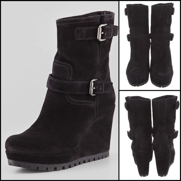 PRADA Black Suede Double Buckle Wedge Ankle Booties Boots - Picture 1 of 13